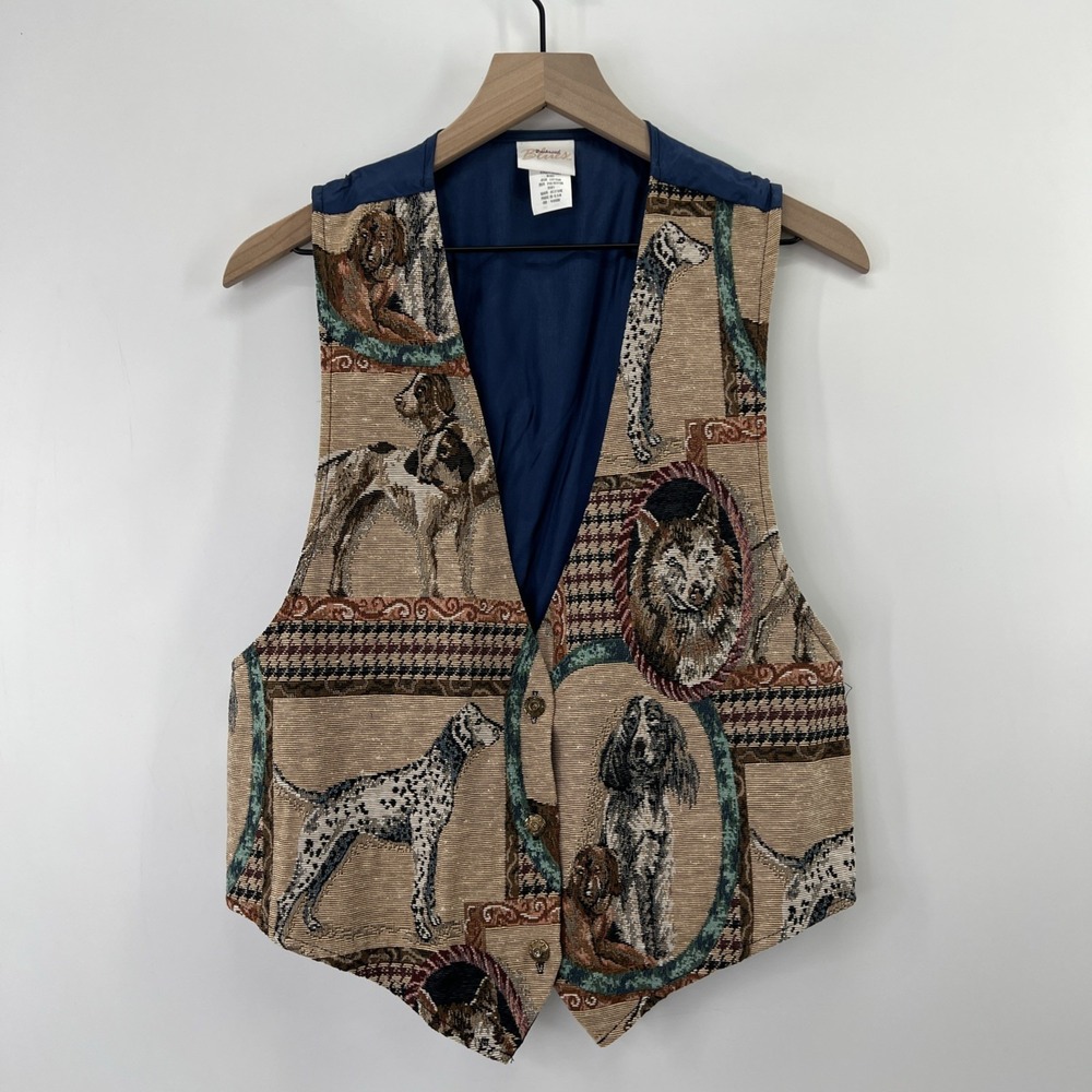 Vintage Tapestry Vest Sz L Jacket Novelty Riding Equestrian Dogs Regency USA